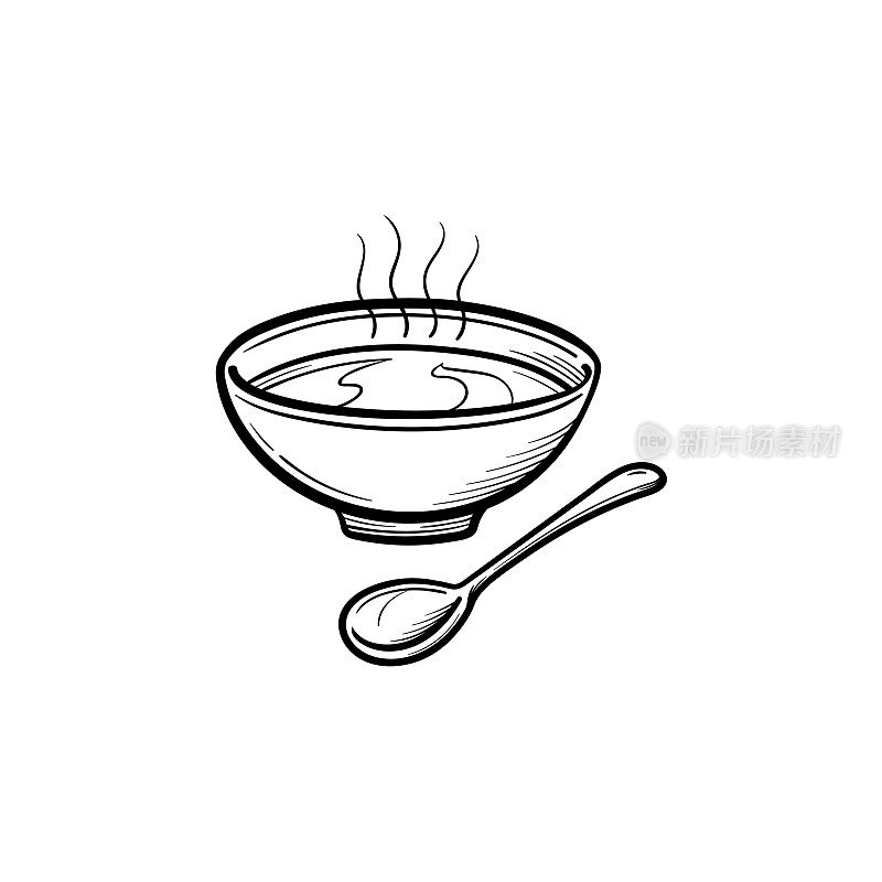 Bowl of soup with spoon hand drawn sketch icon